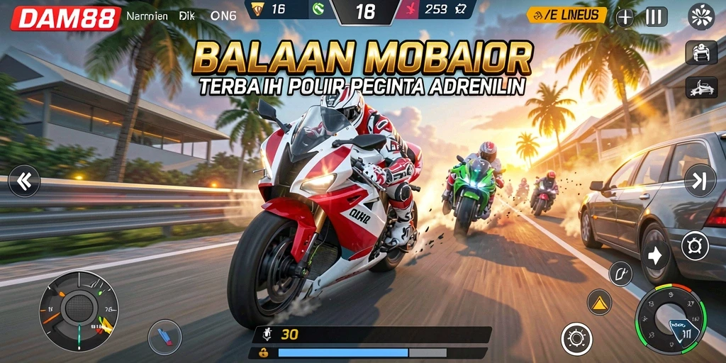 Screenshot gameplay <strong>DAM88</strong> menampilkan aksi balapan motor yang mendebarkan di trek yang berliku.