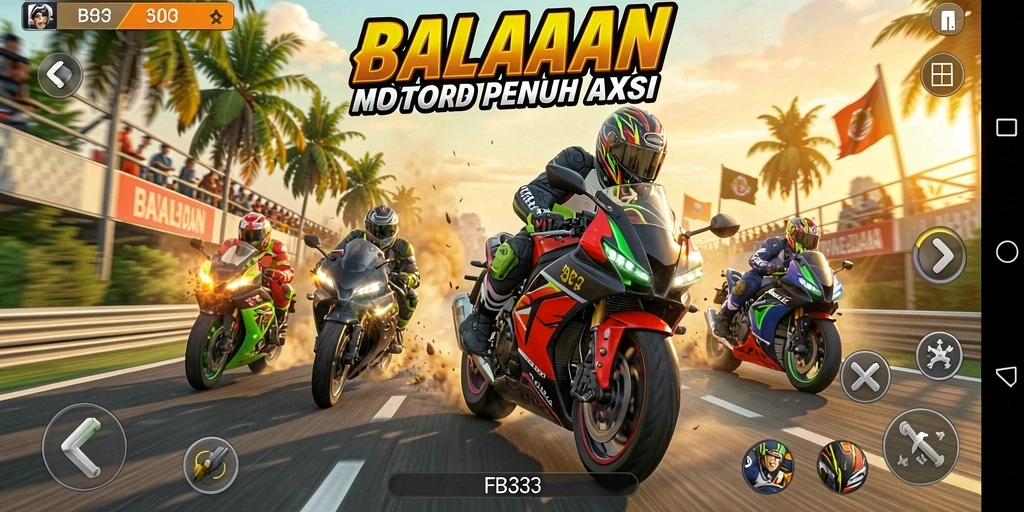 Screenshot gameplay FB333 menampilkan aksi balapan motor yang mendebarkan.