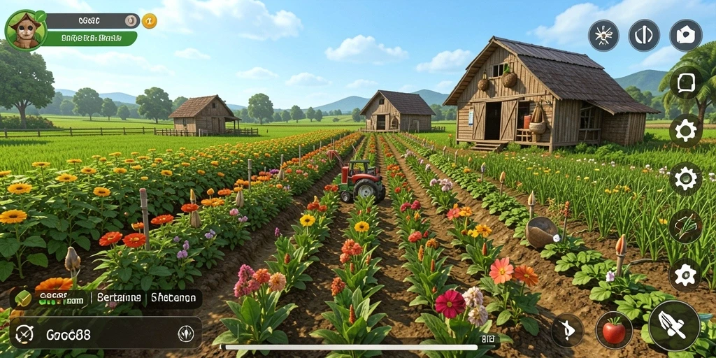 Tampilan gameplay GGG888 menampilkan lahan pertanian yang subur dan aktif.