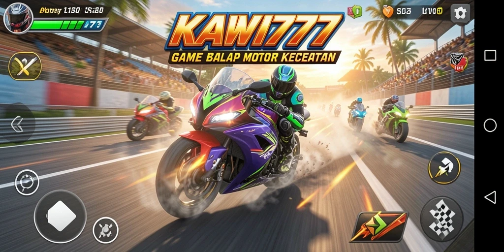 Screenshot gameplay KAWI777 menunjukkan aksi balap motor yang mendebarkan.