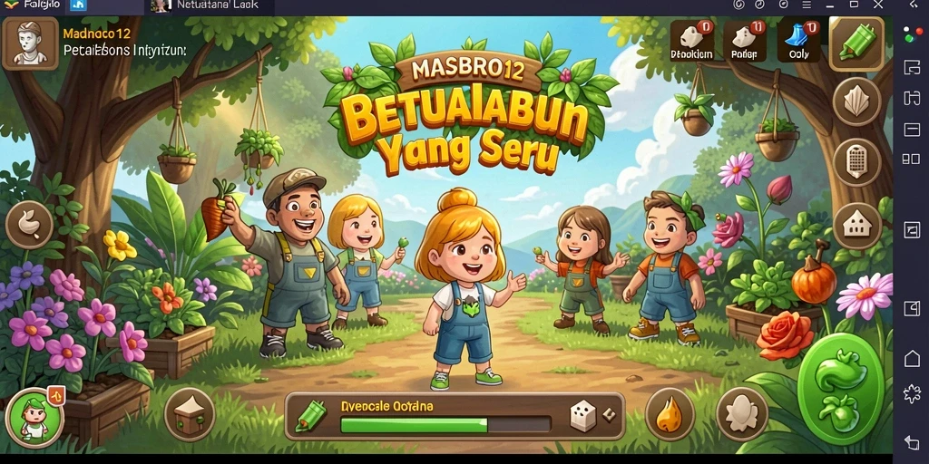 Screenshot utama <strong>MASBRO12</strong> menampilkan aksi berkebun yang asyik.