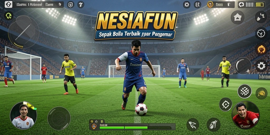 Screenshot gameplay NESIAFUN menampilkan aksi sepak bola yang menegangkan.