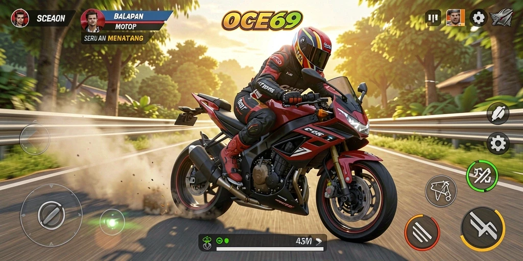 Gameplay OCE69 yang mendebarkan dengan balapan motor yang cepat.